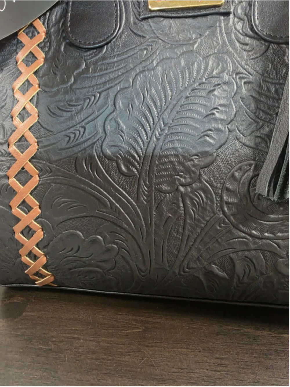 Black Brown Cross Stitch Embossed Tooled Artisan LEATHER Shoulder Bag Purse